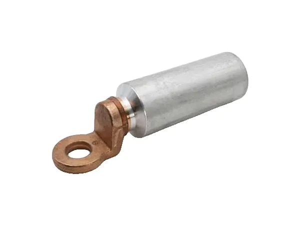 Bimetallic cable lug on a white background: copper lug with hole and aluminium sleeve, meeting at the joint