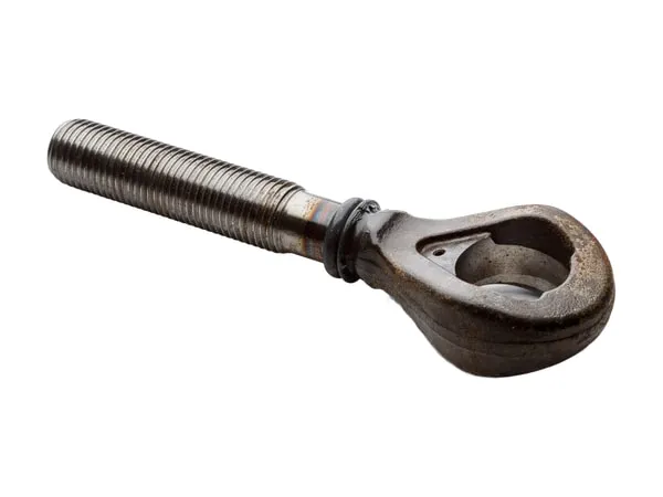 Forged eye rod end welded to a threaded shank, on a white background